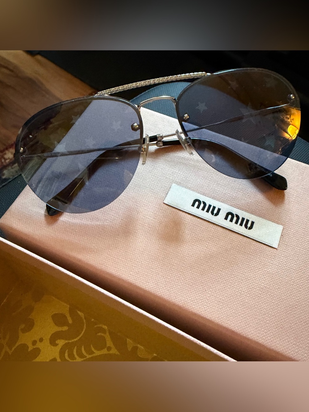 Miu Miu Star Aviator Sunglasses Sunnies Silver Blue Frames